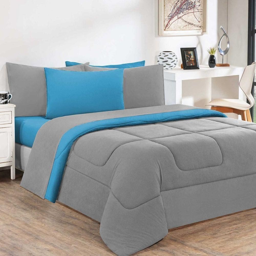 Kit Edredom Malha 100% Algodão Gran Moratta 2 Peças Solteiro - Cinza-azul Turquesa