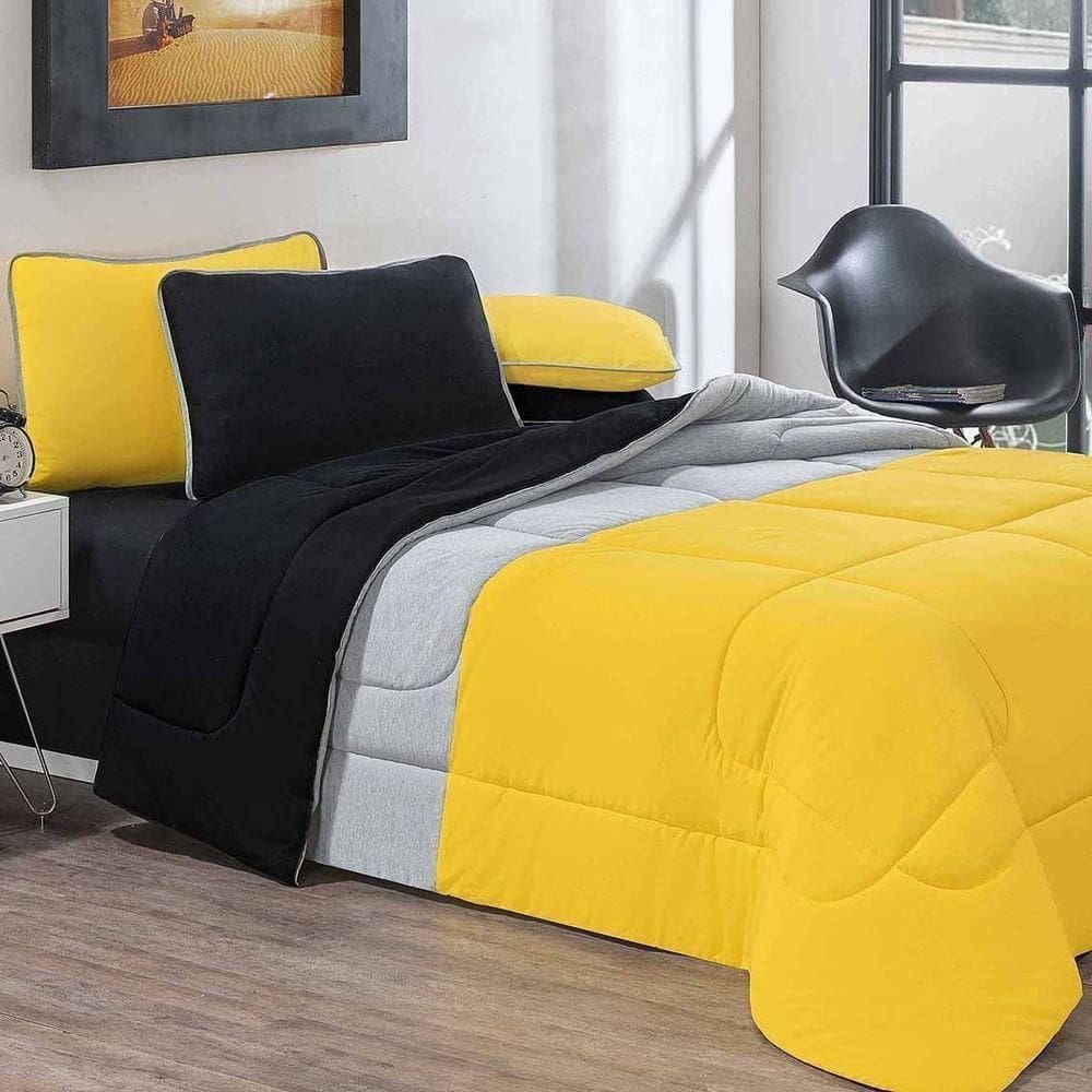 Kit Edredom Malha 100% Algodão Urbano 3 Peças Queen - Amarelo-mescla-preto