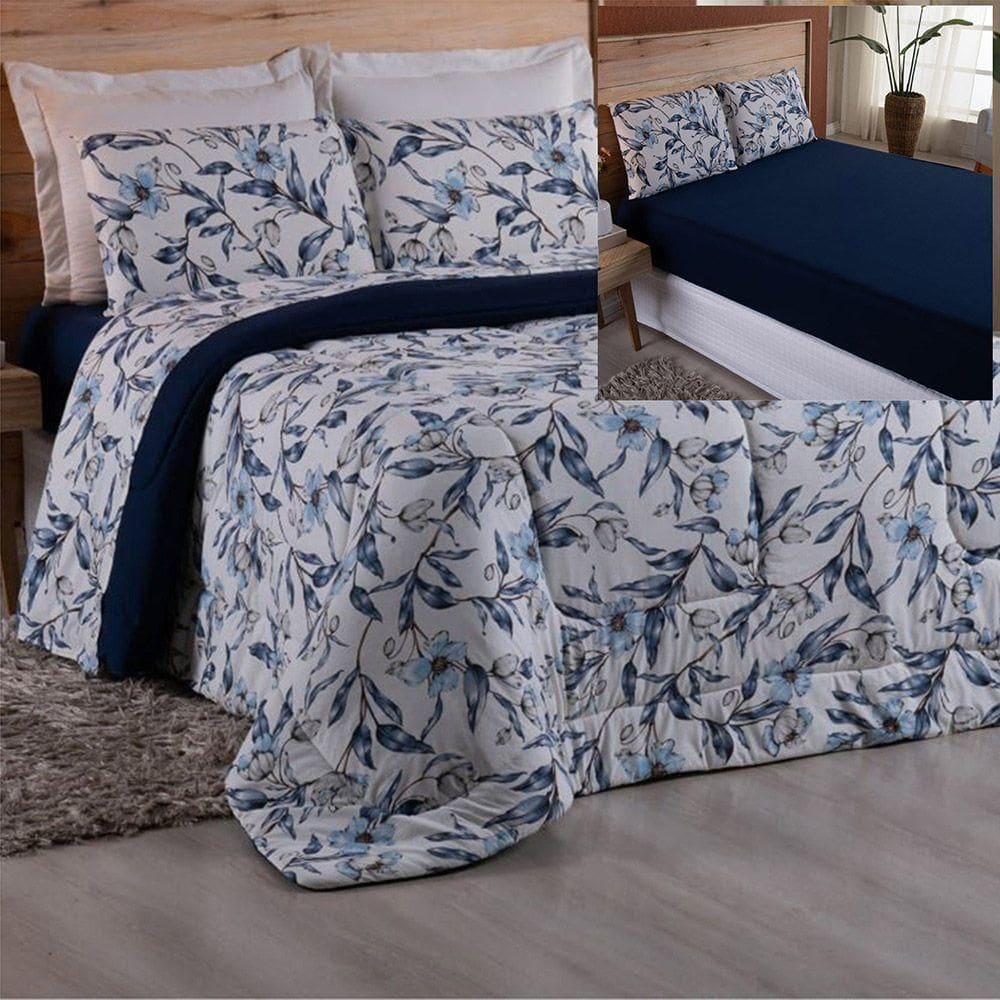 Coordenado Edredom Lençol Solteiro Malha Fio Penteado - Azul