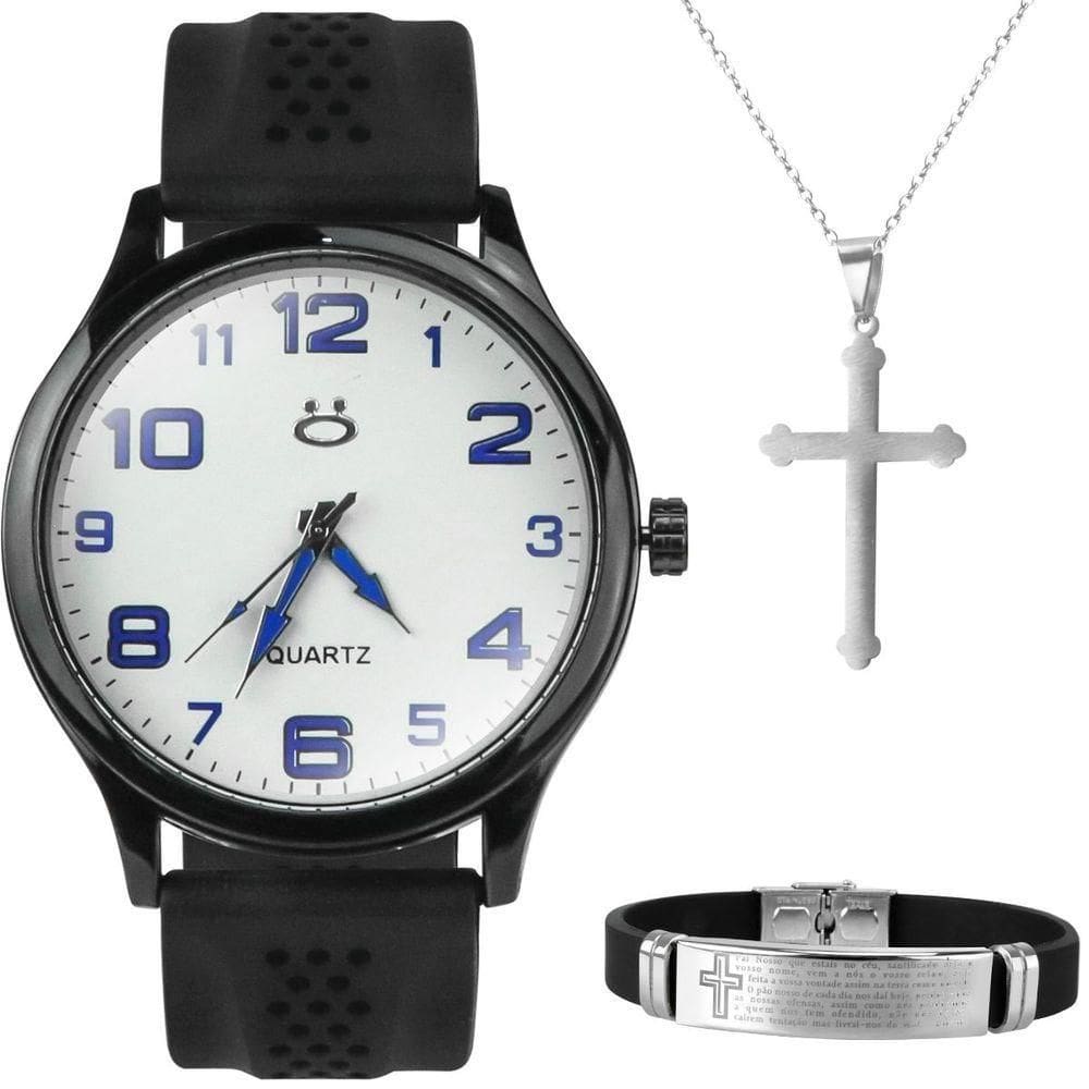 Relogio Masculino Preto Aço + Cordao Crucifixo + Pulseira Preto Ponteiro Inoxidável Prata Prateado