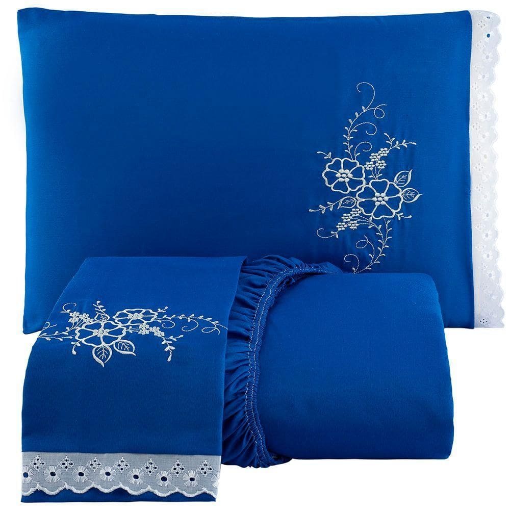 Jogo De Cama Lençol Casal Bordado Advance 3 Peças - Azul