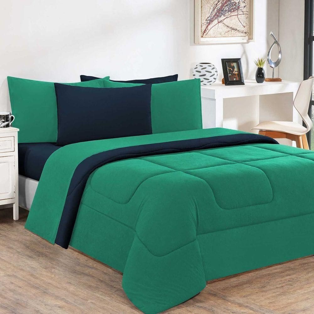 Kit Edredom Malha 100% Algodão Gran Moratta 2 Peças Solteiro - Verde Jade-azul Marinho