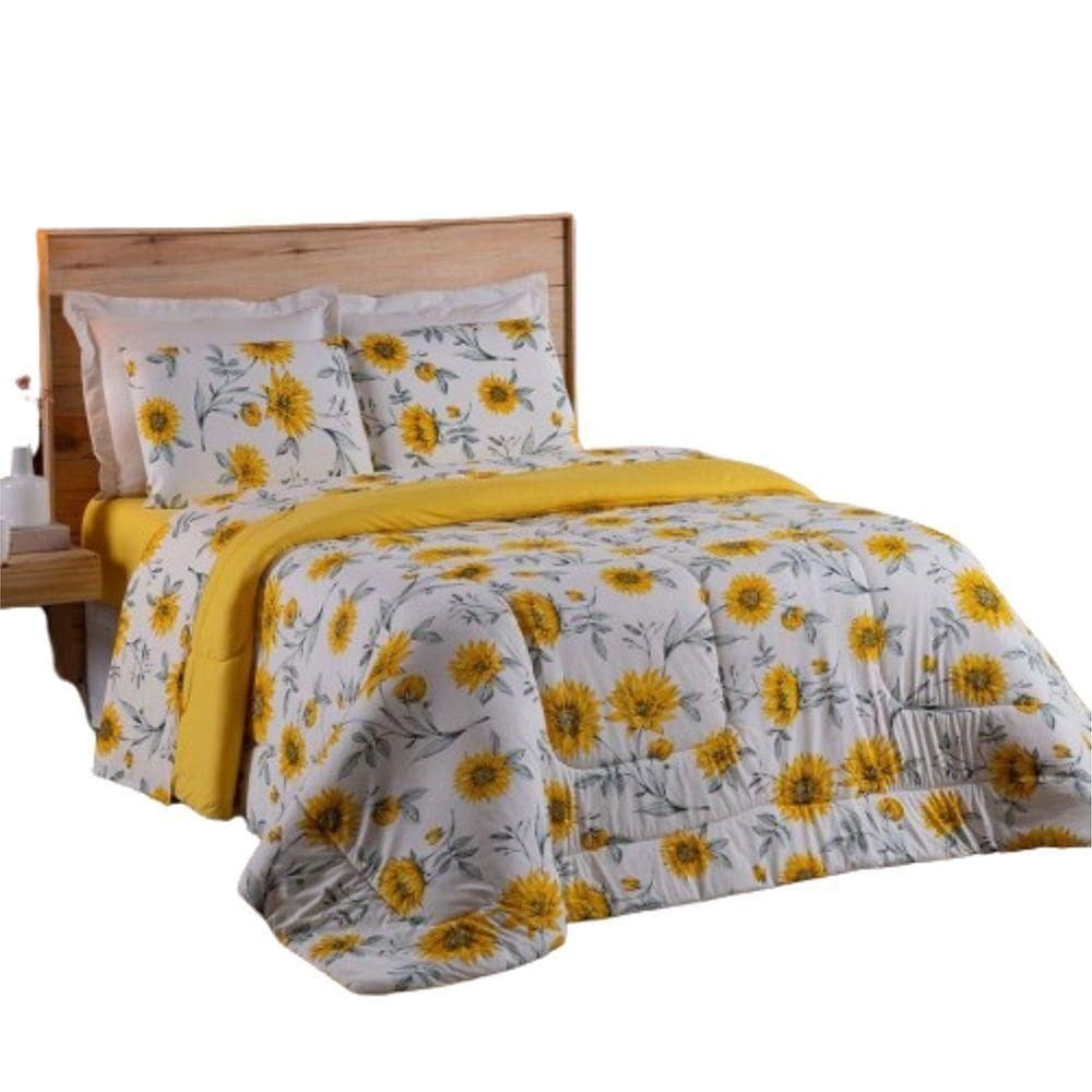 Coberdrom Solteiro Em Malha De Algodão Fio Penteado Amarelo