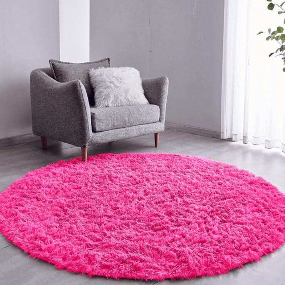 Tapete Sala Felpudo Peludo Rosa Redondo 60 Cm