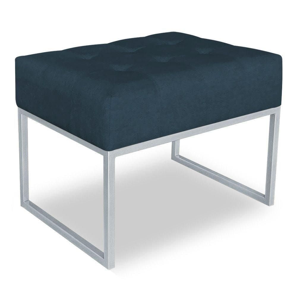 Puff Lisa Suede Base Metálica Industrial Prata Azul Marinho