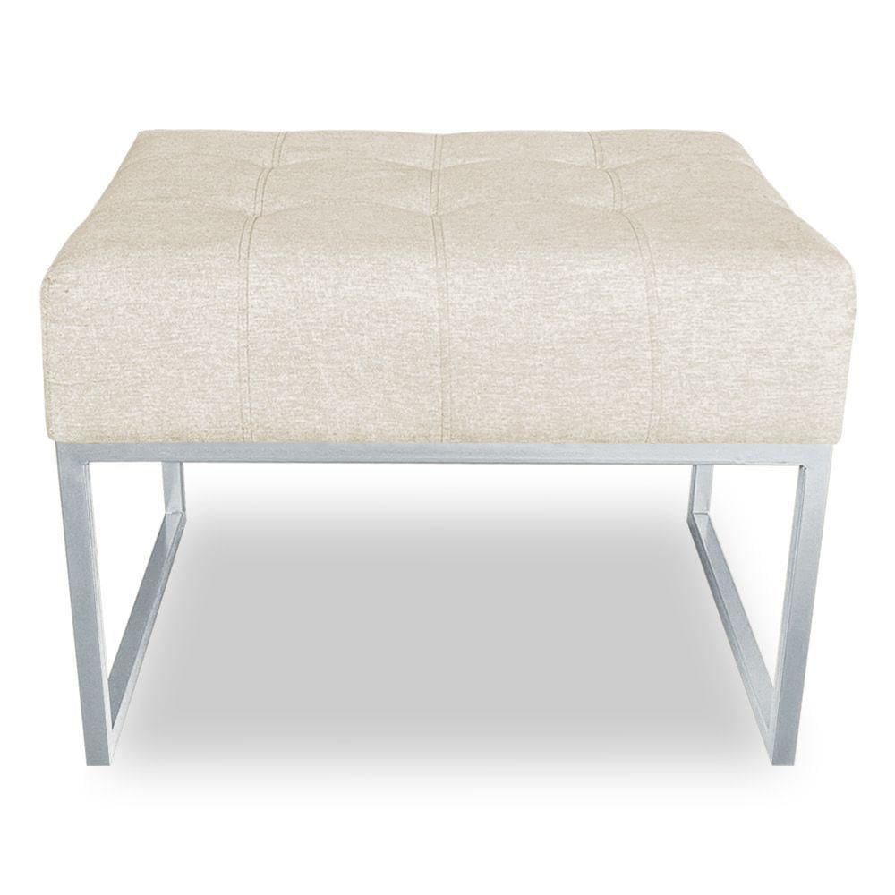 Puff Lisa Linho Base Metálica Industrial Prata - Pallazio Cor Bege