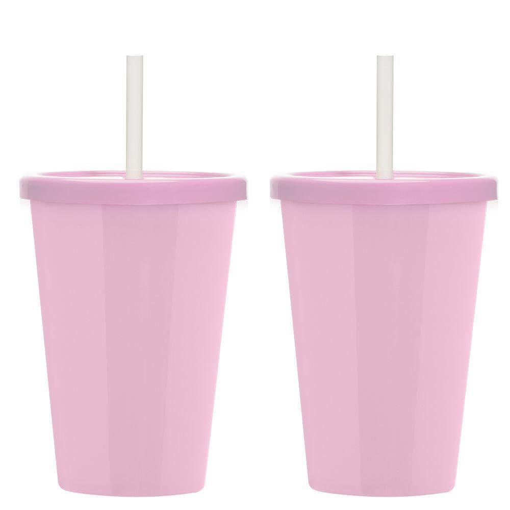 Kit 2 Copos Casal Canudo E Tampa Cinema Filmes 670ml Lisos Cor:rosa
