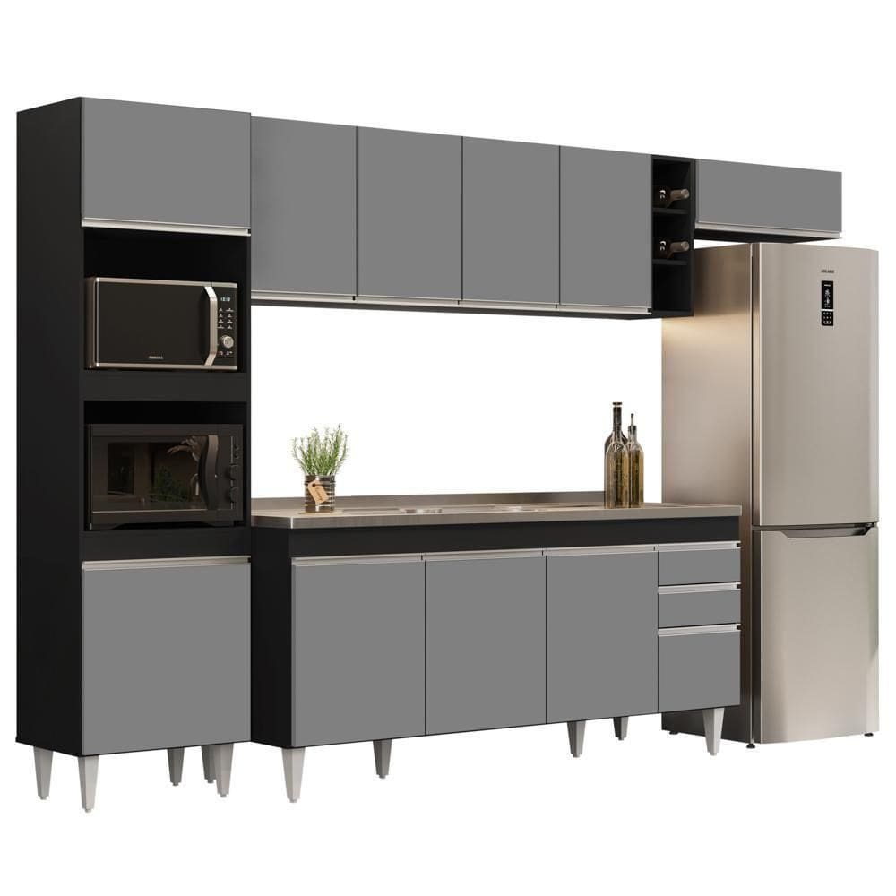 Armário De Cozinha Modulada 5 Peças Cp18 Balcão Com Pia Inox Preto-cinza - Lumil