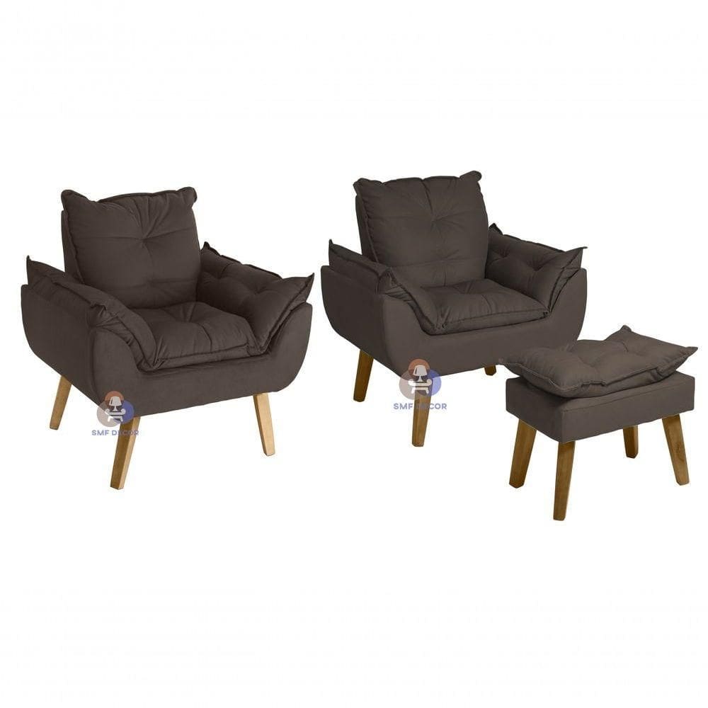Kit 02 Poltrona Decorativa Opala E Puff Opala Marrom Com Fibra De Silicone E Pés Quadrado Smf Decor