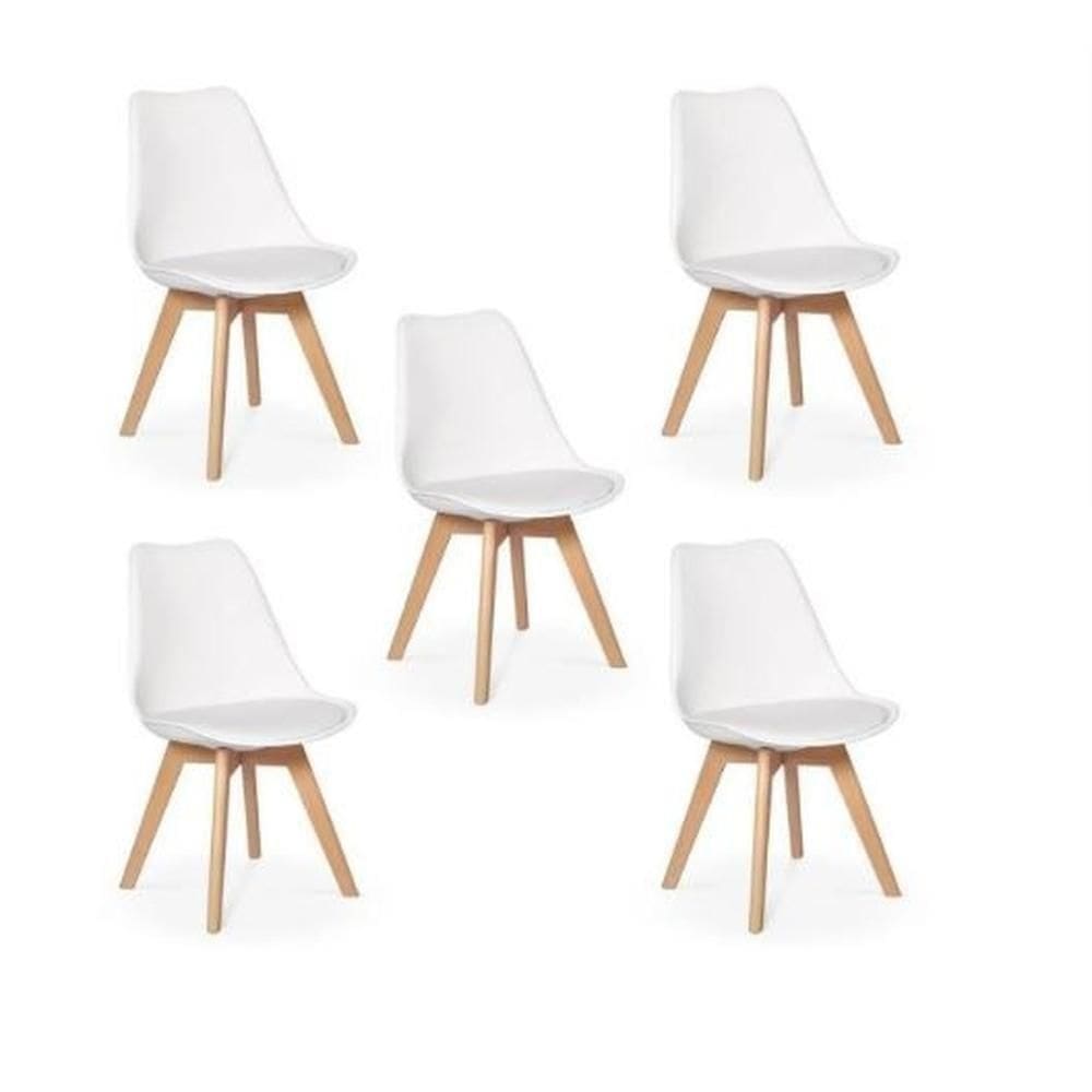 Kit C/5 Cadeira Leda Branca - Charles Eames Wood Com Almofada