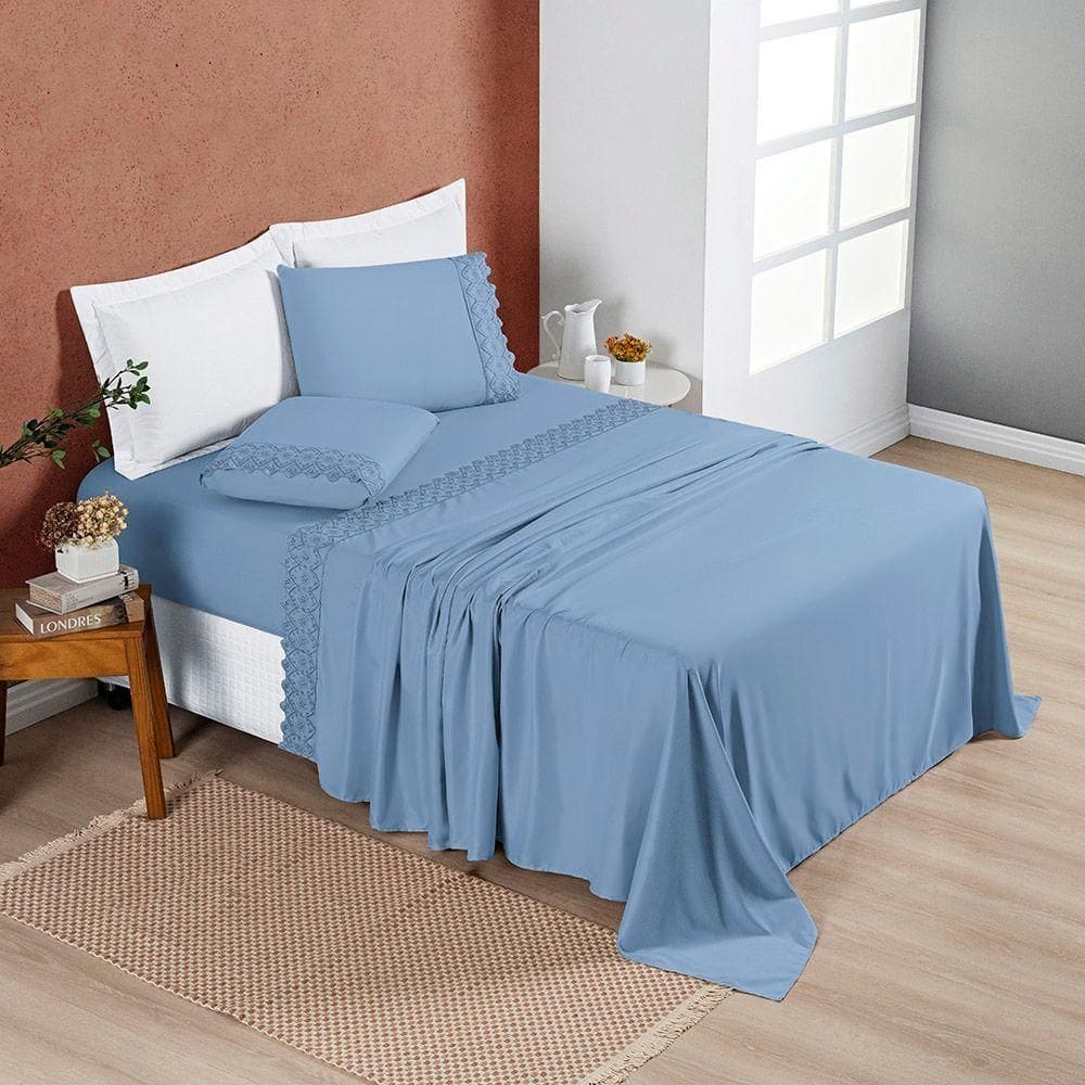 Jogo Cama Lençol Divino Lese King 4 Peças - Azul
