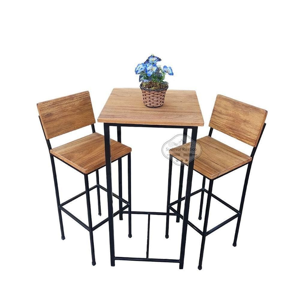 Conjunto Bistrô Com Mesa Quadrada E 2 Banquetas Em Madeira De Demolição E Ferro Sudeste Rústico