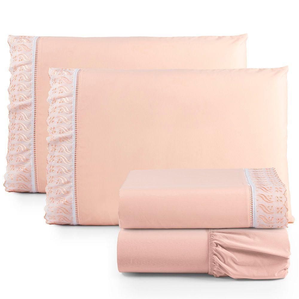 Jogo De Lençol King Suave Barrado Lese 4 Peças Barato - Salmão