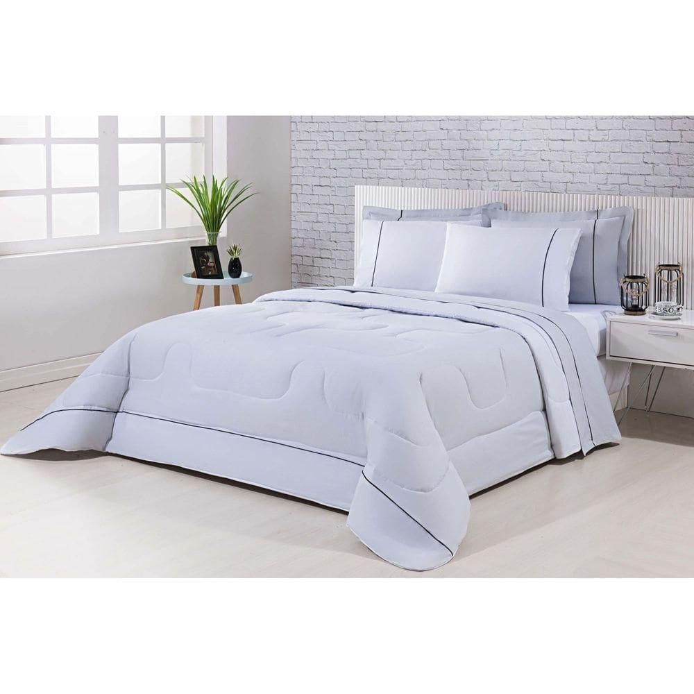 Kit Edredom 100% Algodão Percal 150 Fios Dupla Face CasalJogo De Cama 7 Peças - Cinza-branco