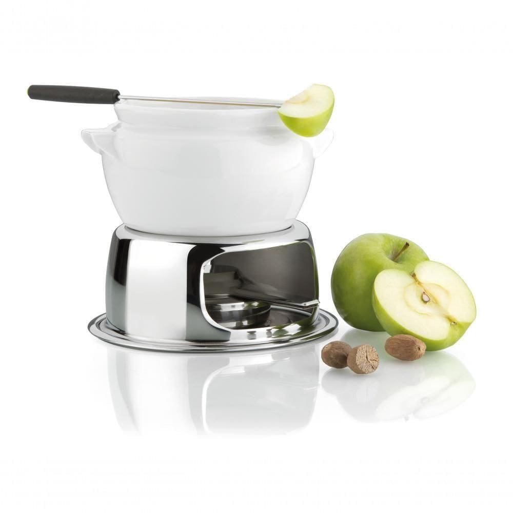 Aparelho Fondue Porcelana Cerâmica 11 Peças Doce Chocolate Kit Conjunto Serviço Base Inox Queimador