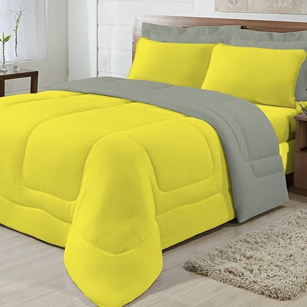 Edredom Dupla Face 100% Algodão Malha Queen Gran Moratta 01 Peça - Cinza- Amarelo