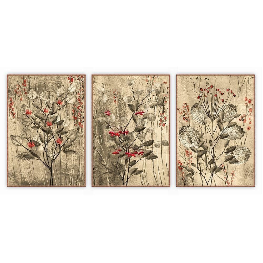 Kit Com 3 Quadros Decorativos Florais Com Moldura Para Sala Quarto Escritório 72x102 Floral 010