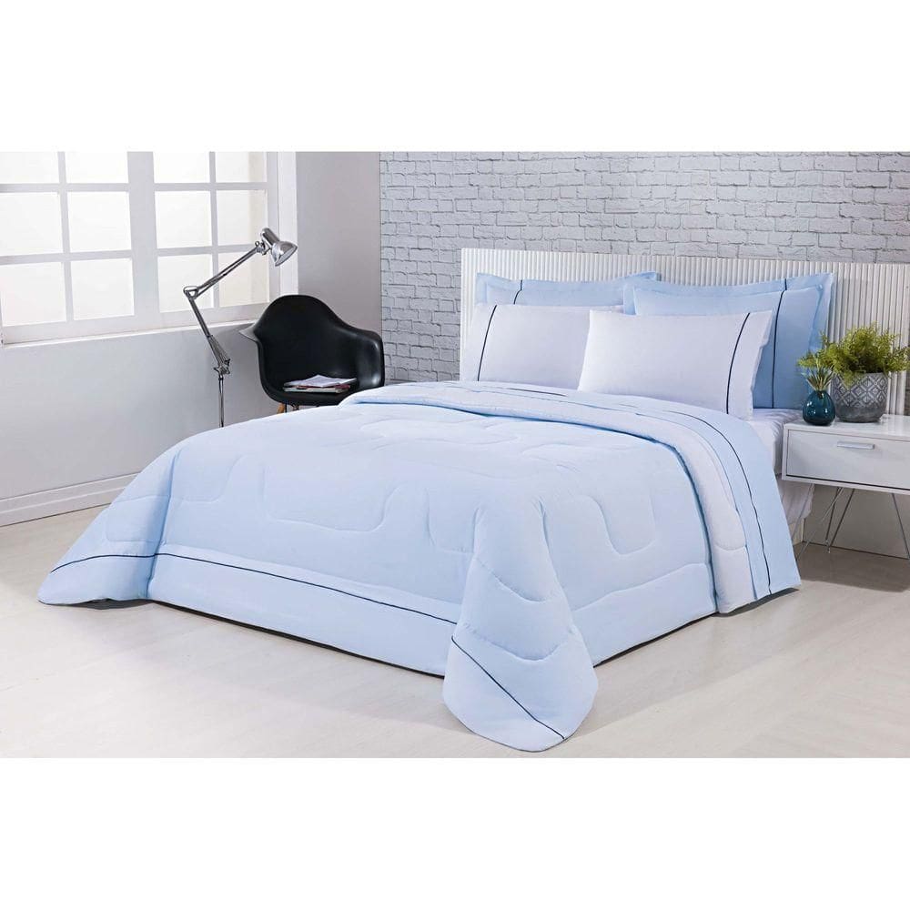 Kit Edredom 100% Algodão Percal 150 Fios Dupla Face CasalJogo De Cama 7 Peças - Azul-branco