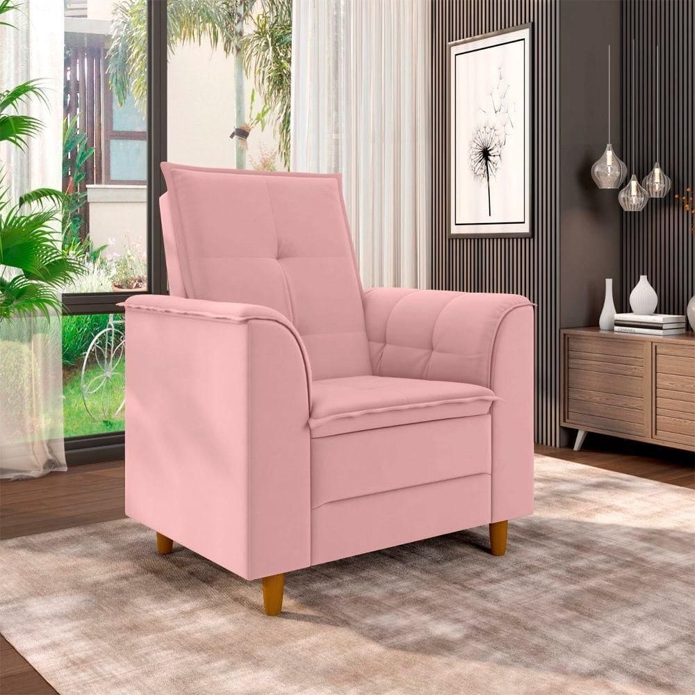 Poltrona Para Sala Confortável Decorativa Laura Suede Rosa