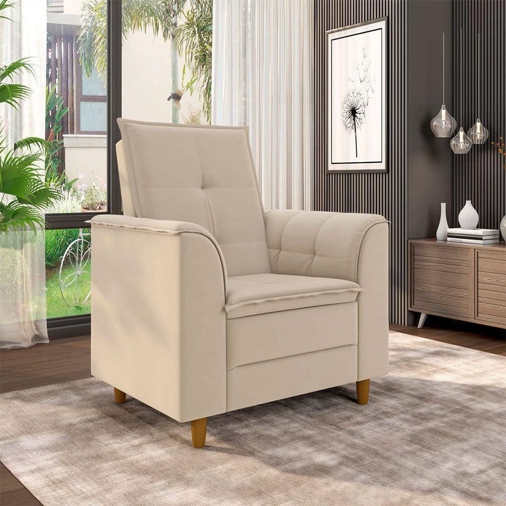 Poltrona Para Sala Confortável Decorativa Laura Veludo Bege