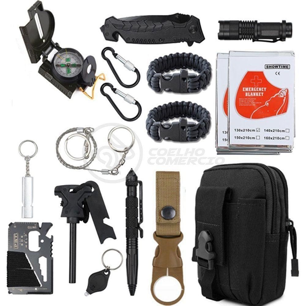 Kit De Sobrevivência E Atividades Camping Bolsa Preta Emergência Selva Escoteiro Acampar