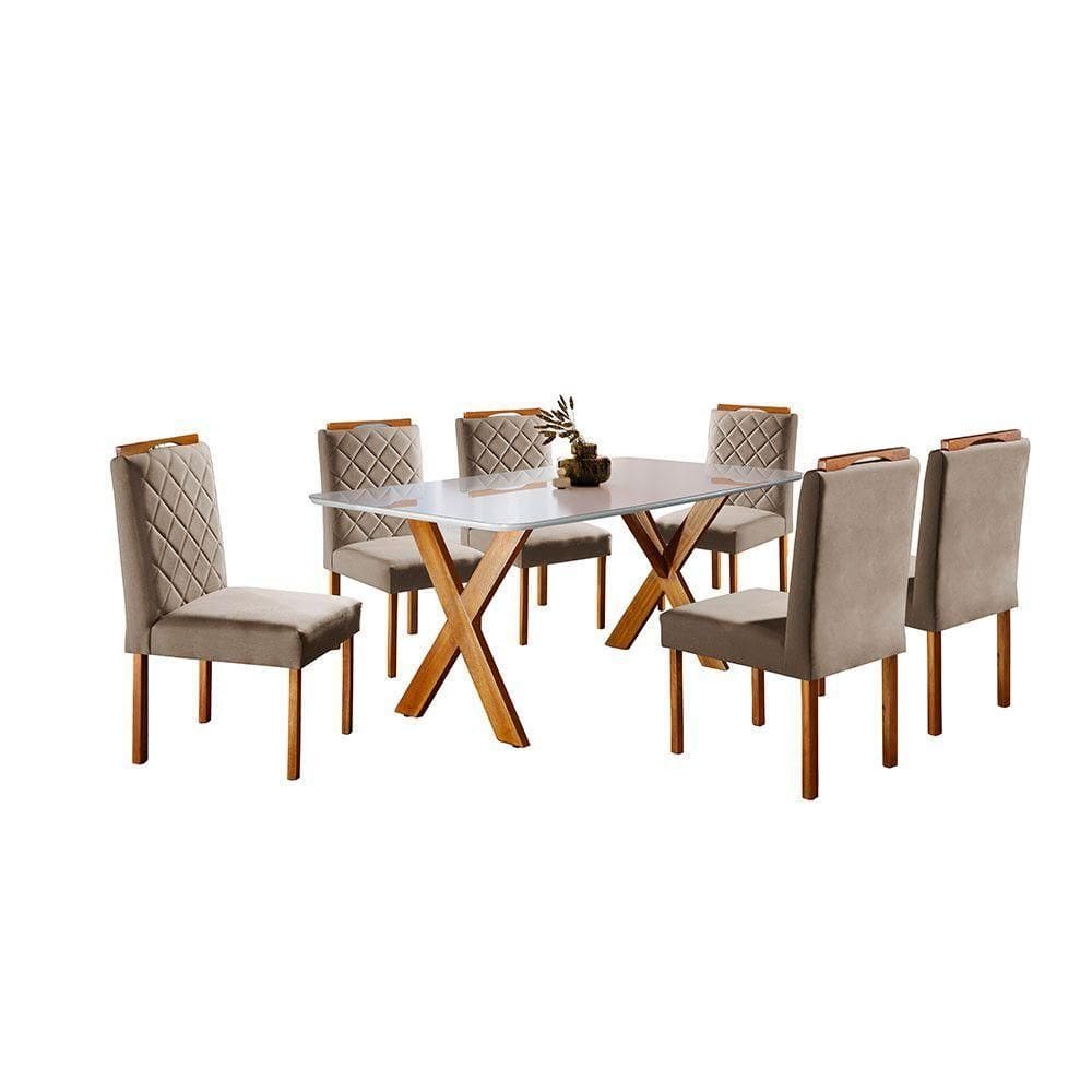 Conjunto Sala De Jantar 6 Lugares Espanha Mesa E Cadeiras Mel/off-white/linho Areia