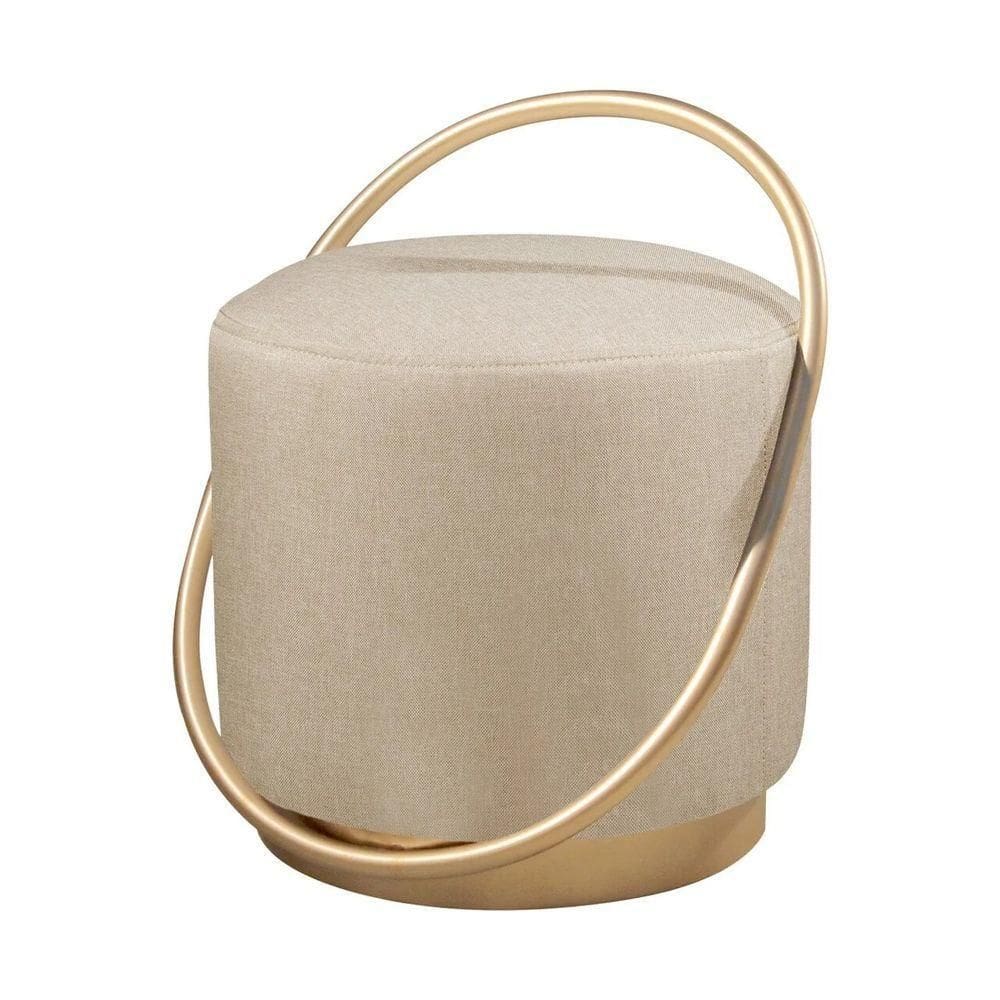 Puff Redondo Lunar Em Linho E Base Metal Dourado Linho Bege