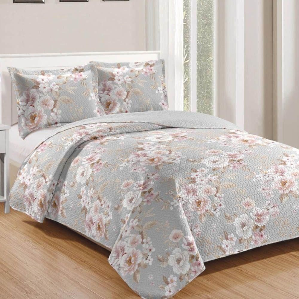Kit Cobre Leito Colcha Daily King 3 Peças Dupla Face Estampado - Floral 17 - 100% Poliéster