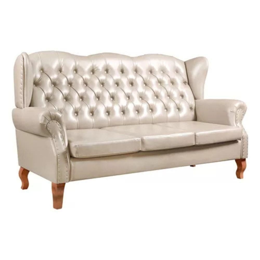 Sofá Chesterfield 3 Lugares Imperador Vintage Retrô Capitonê Couro Bege