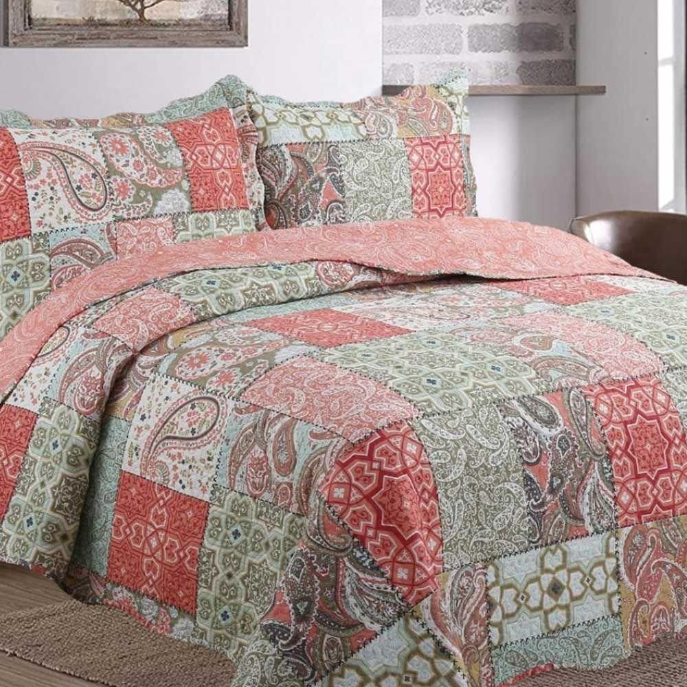 Kit Cobre Leito Colcha Daily Queen 3 Peças Dupla Face Estampado - Patchwork 35 - 100% Poliéster