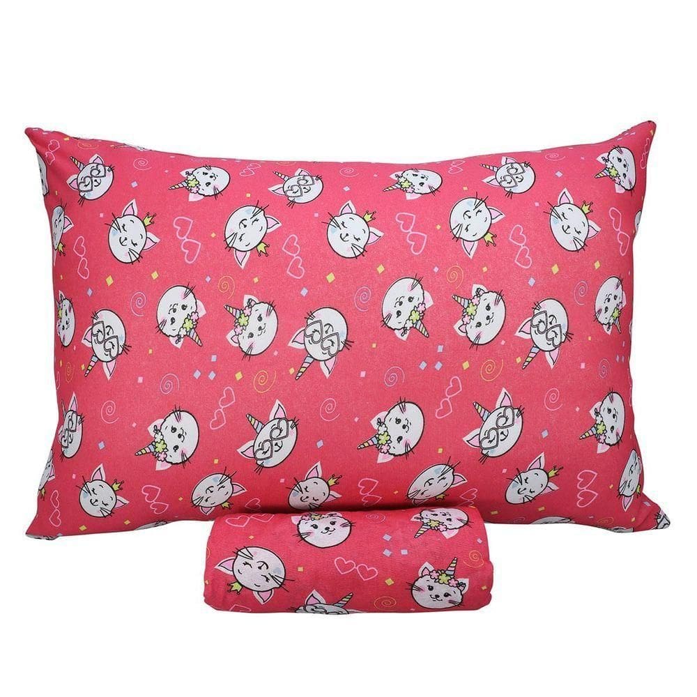 Jogo De Cama Solteiro Portallar Malha Misto Estampado Gatocornio 2 Pçs Com Elástico Pink