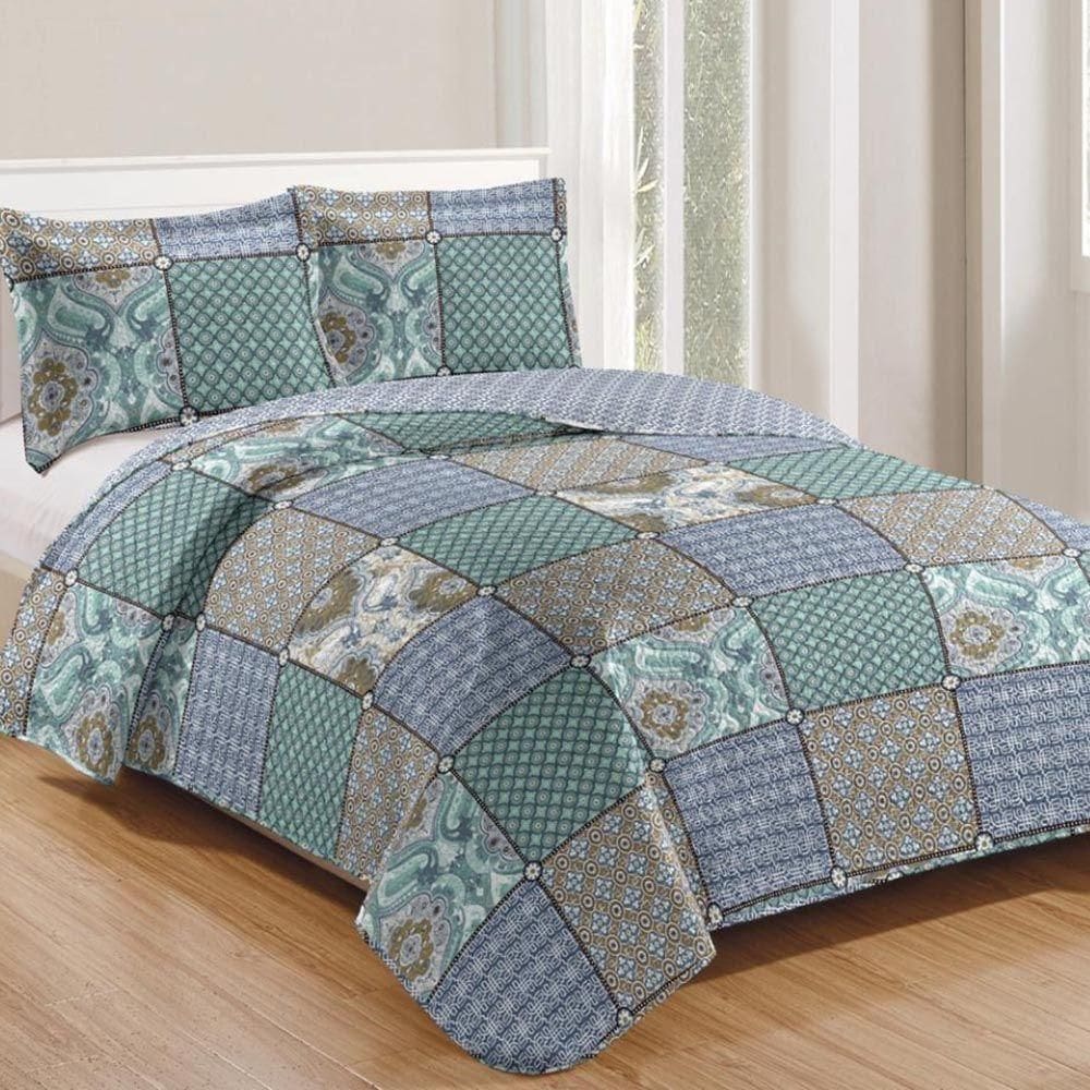Kit Cobre Leito Colcha Daily Queen 3 Peças Dupla Face Estampado - Patchwork 26 - 100% Poliéster