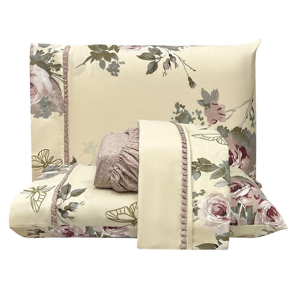 Jogo De Lençol Lislie Casal 4 Peças Micropercal 300 Fios Estampado Floral - Buque Rosê - 100% Poliéster