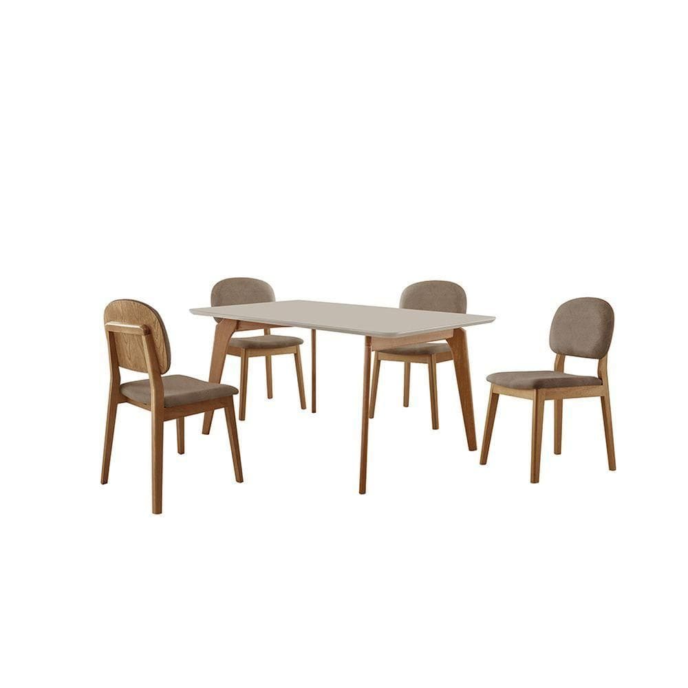 Conjunto Sala De Jantar Mesa Paris 140x90cm Tampo Retângular Vidro-mdf Off White Com 4 Cadeiras Siena Veludo Cinza