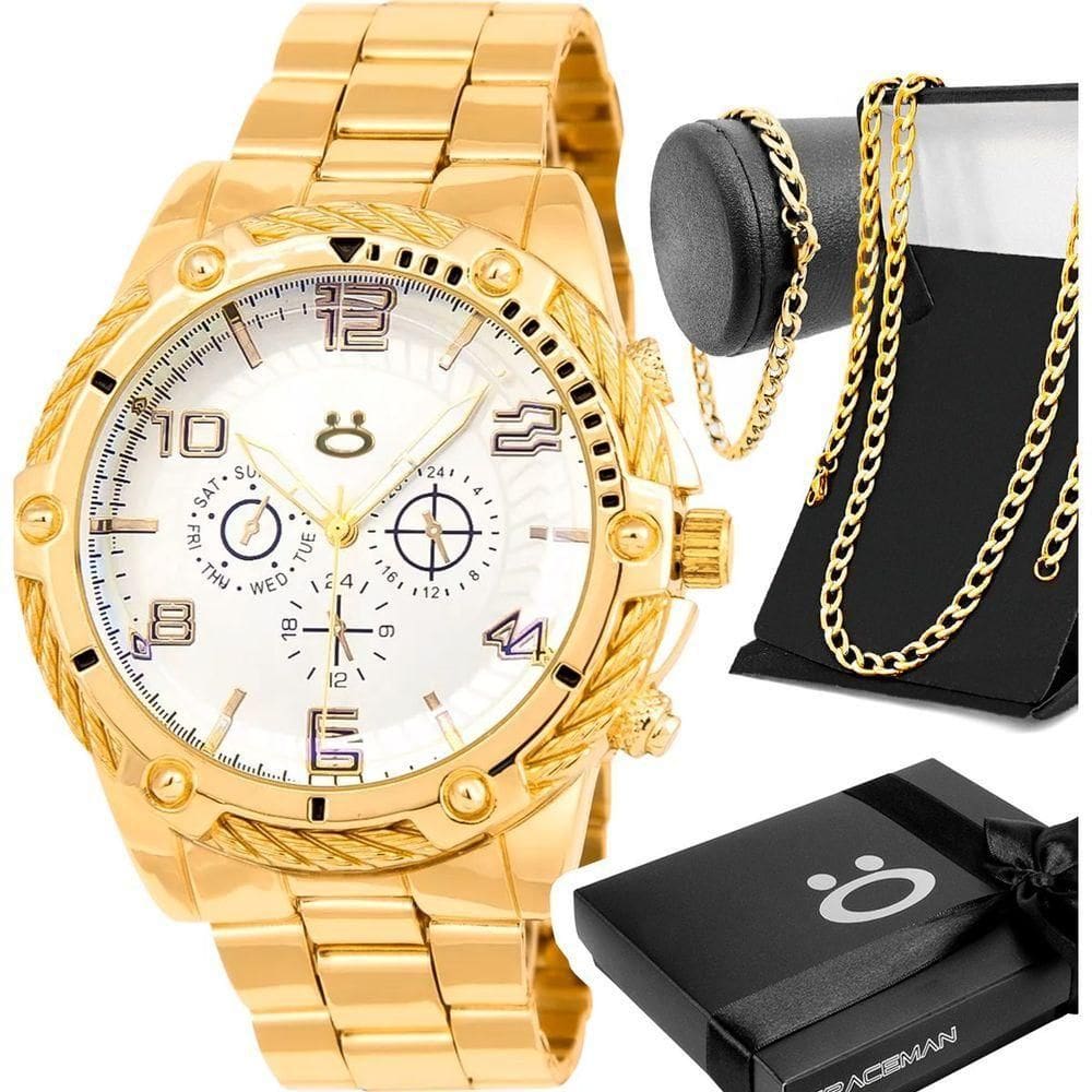 Relogio Masculino Dourado + Caixa Pulseira + Cordao Grumet
