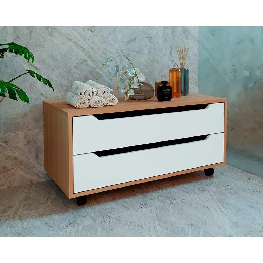 Gabinete De Banheiro C- Rodizio Bn3643 S- Cuba 2 Gavetas 80cm Cor Amêndoa-branco - Tecno Mobili