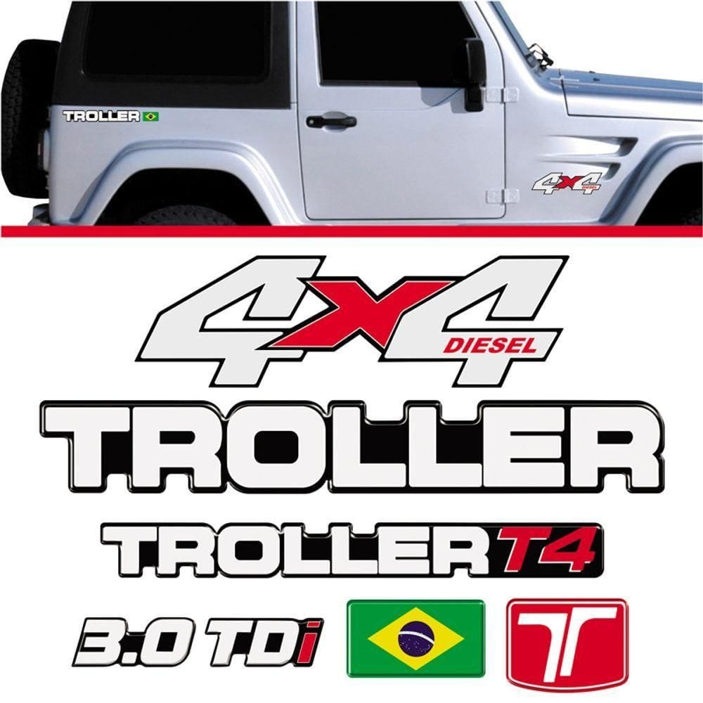 Kit Adesivos Emblema Troller T4 4x4 Diesel 3.0 Tdi 2010 Completo Carro Azul Trl09 Preto
