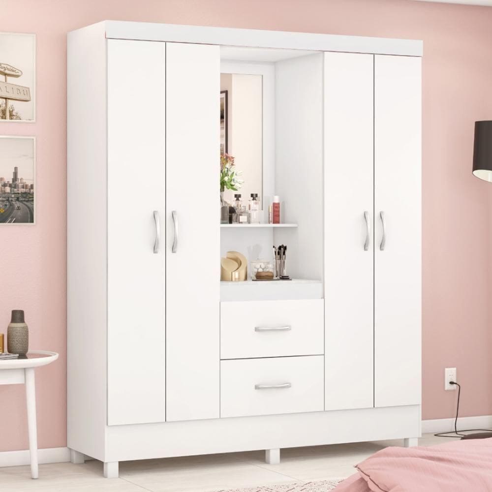 Guarda Roupa Solteiro 4 Portas Com Espelho E 2 Gavetas Loanda Branco-rosa-branco Branco