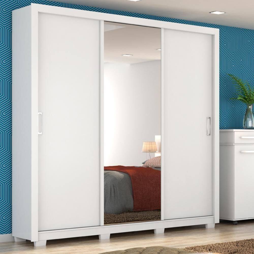 Guarda Roupa Casal 3 Portas Com Espelho E 2 Gavetas Residence Branco