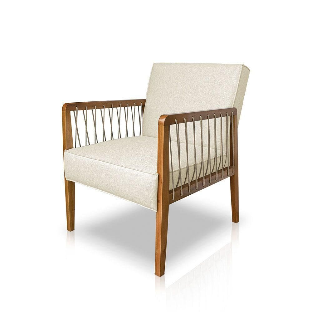 Poltrona Decorativa Haia Linho Com Base Madeira Maciça SSX Multicoisas Perola