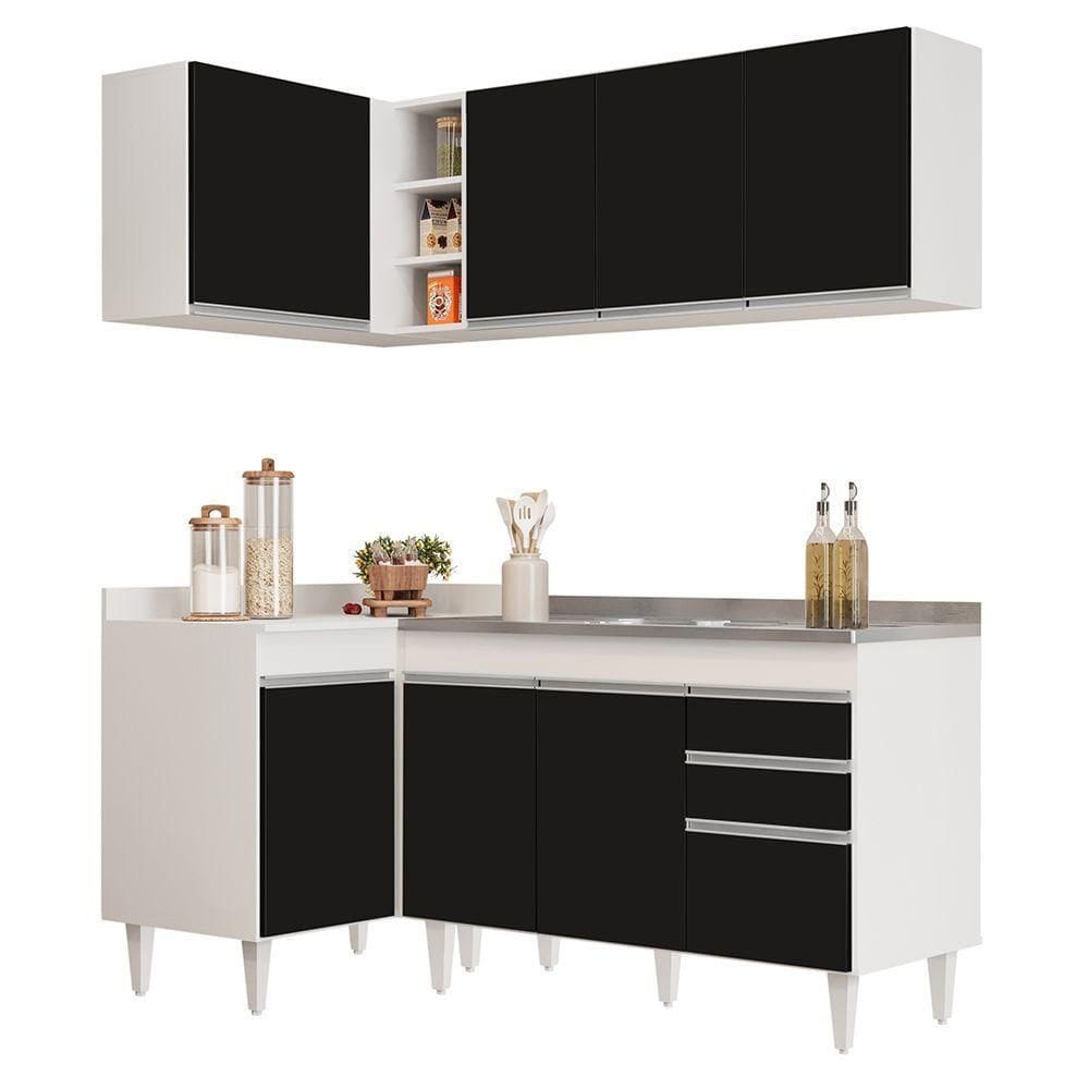 Armário De Cozinha Modulado De Canto Direito 4 Peças Cp39 Com Pia Inox Branco-preto - Lumil