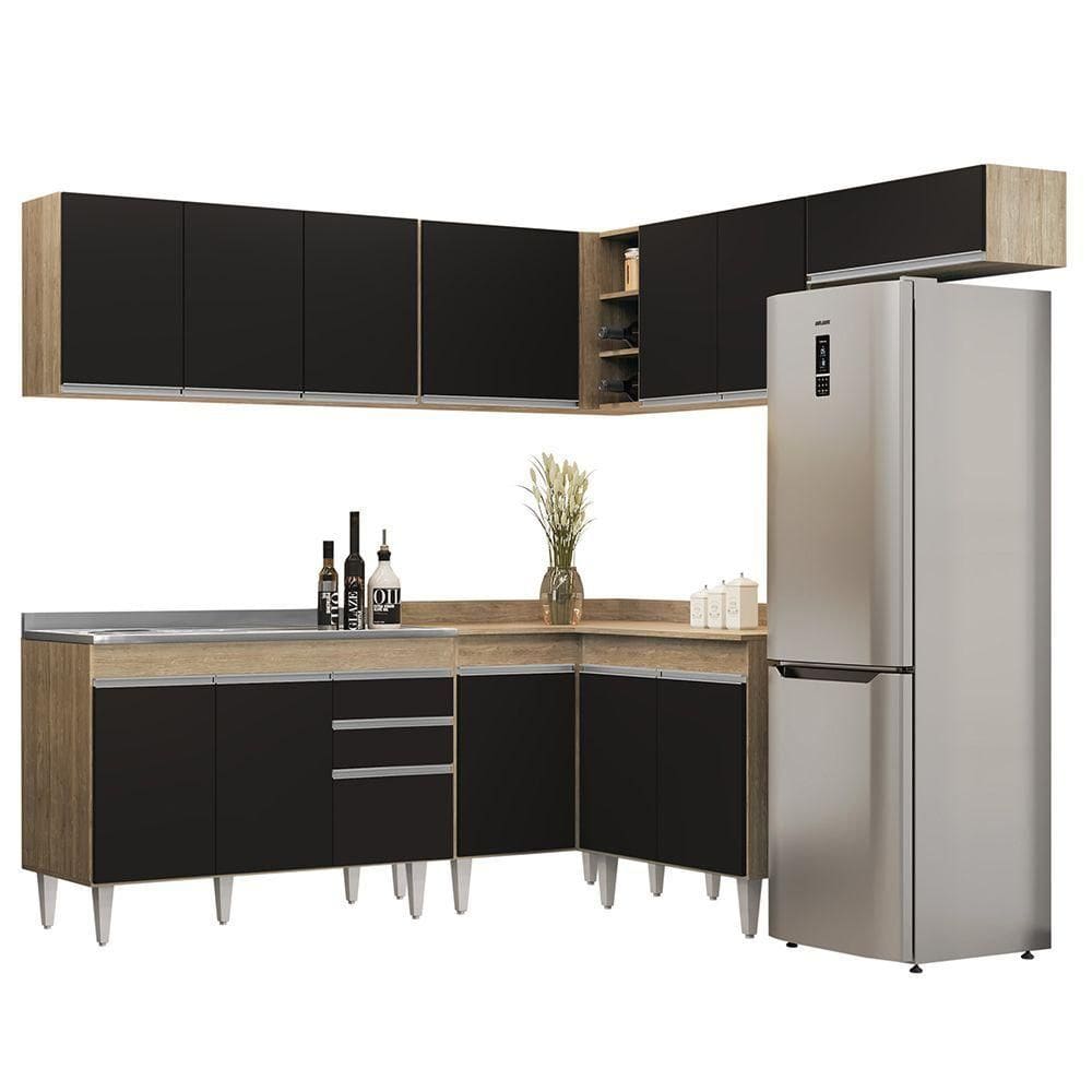 Armário De Cozinha Modulado De Canto 7 Peças Cp21 Com Pia Inox Castanho-preto - Lumil