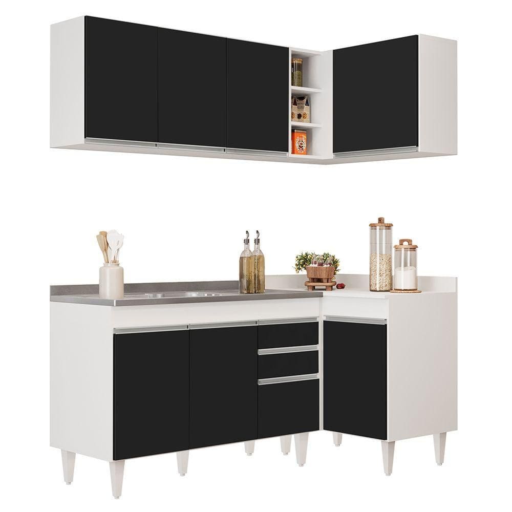 Armário De Cozinha Modulado De Canto Esquerdo 4 Peças Cp48 Com Pia Inox Branco-preto - Lumil