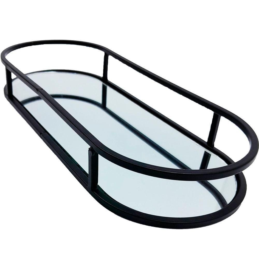 Bandeja Oval Espelhada Metal Preto Lavabo Multiuso 30x12cm