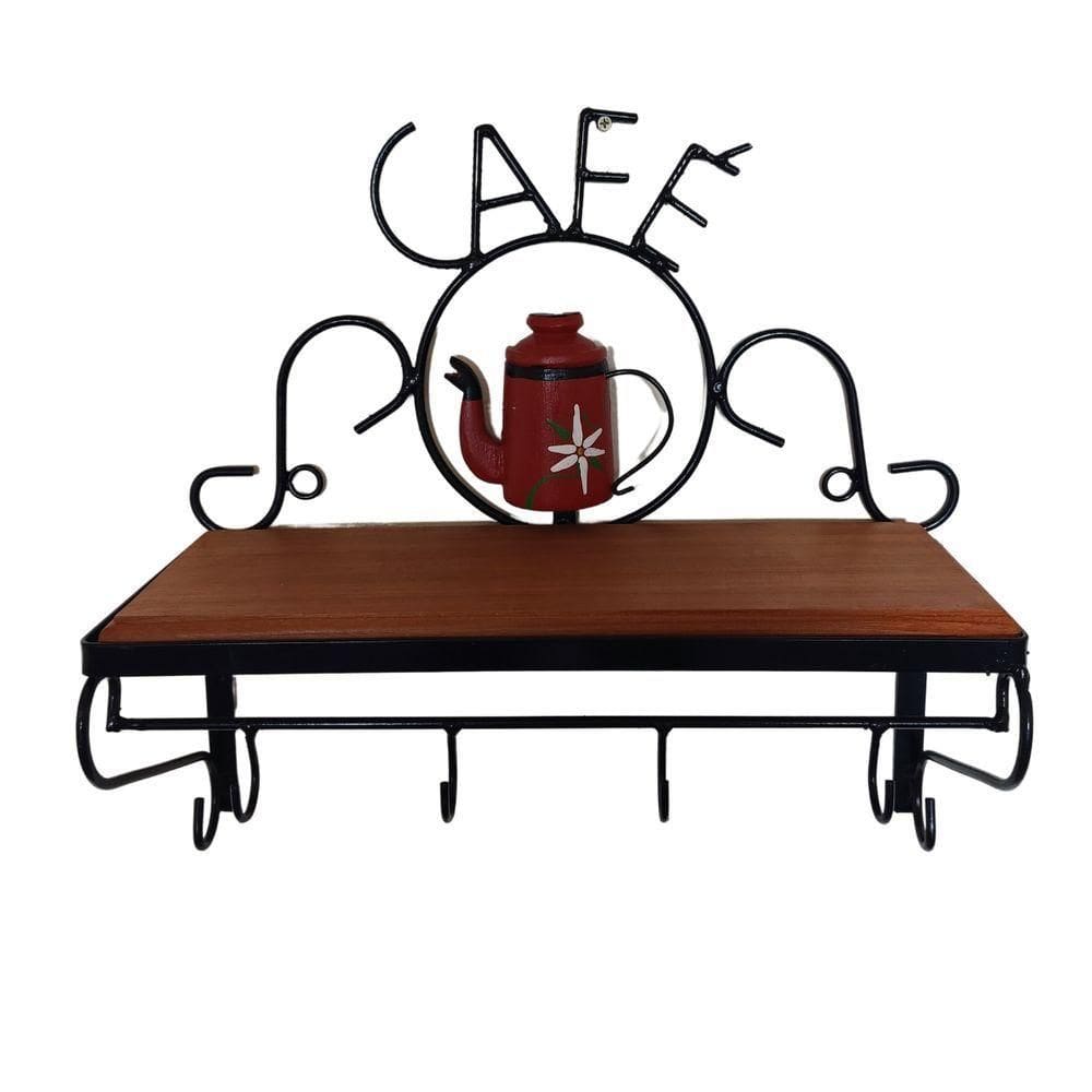 Prateleira De Café Porta Tempero 40cm Tema Bule Vermelho Sudeste Rústico