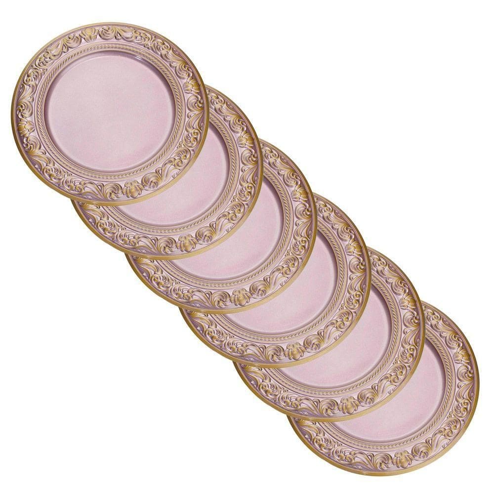 Kit 6 Sousplats De Plástico Rosa E Dourado Com Detalhe Em Arabesco 33 Cm - D`rossi