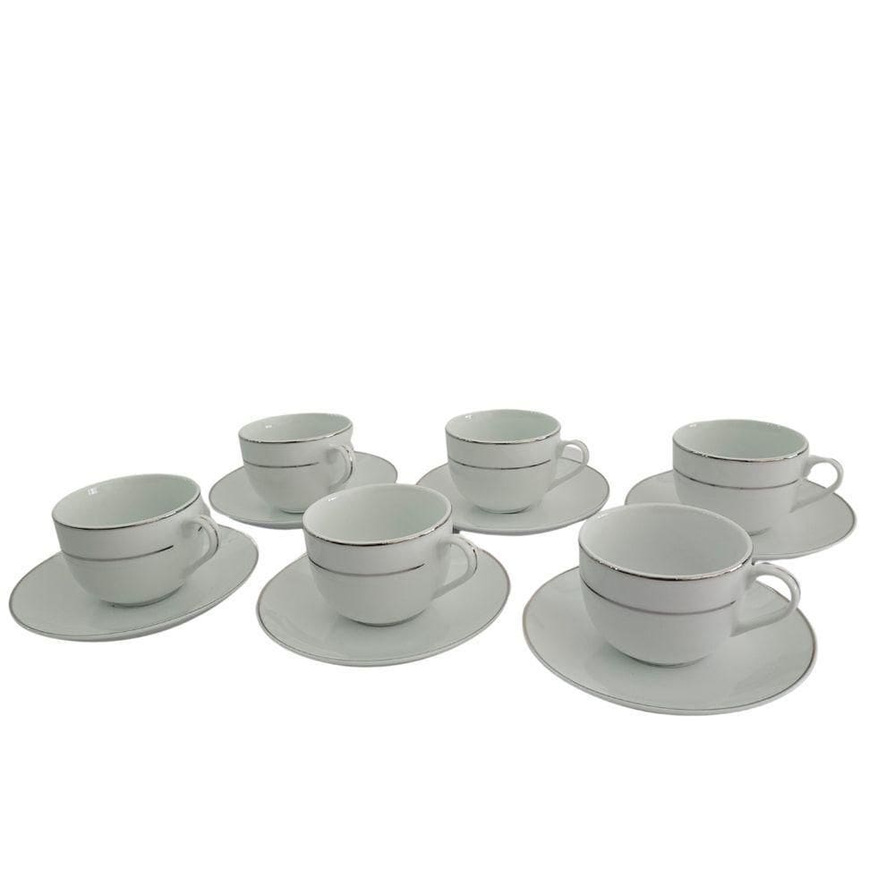 Conjunto Xícaras Com Pires Chá 220ml 12 Peças Fio Prata Duplo
