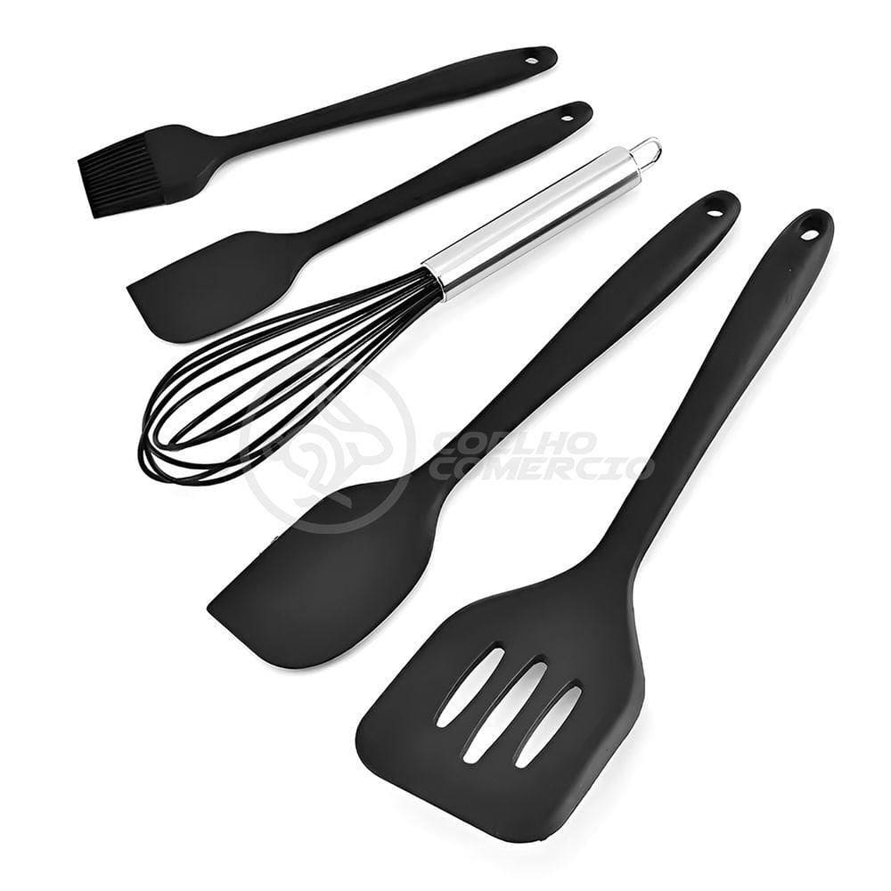 Kit 5 Utensílios De Silicone Para Cozinha Conjunto Resistente A Altas Temperaturas (preto)