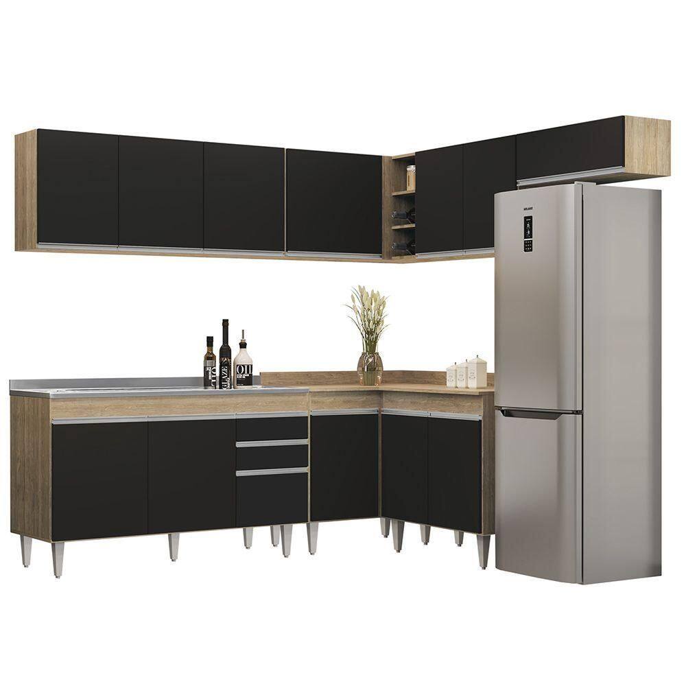 Armário De Cozinha Modulado De Canto 7 Peças Cp24 Com Pia Inox Castanho-preto - Lumil