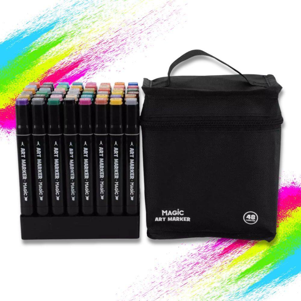 Caneta Marcador Artístico Ponta Dupla Estojo c/ 48 Cores Art Marker - Magic | Papelaria | Colorir | Canetas | Material |